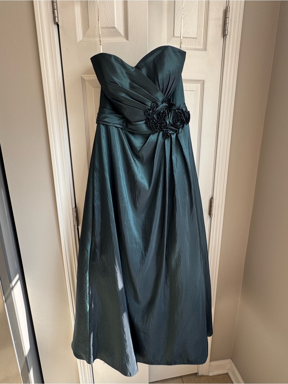 Bari Jay Strapless Teal Tea-Length Dress with Rosette Waist
